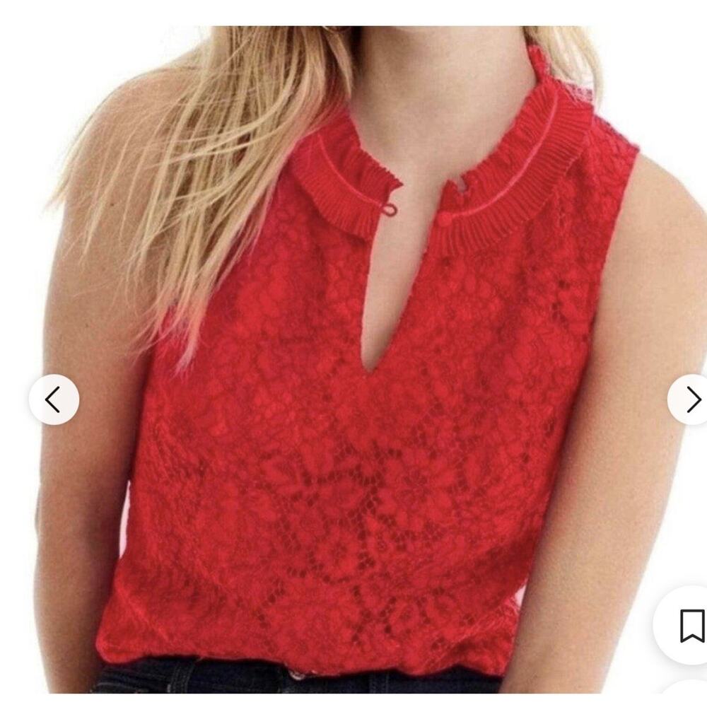 J Crew Lace ruffle-neck Keyhole top, H2203 Sleeveless Blouse red size SMALL NEW